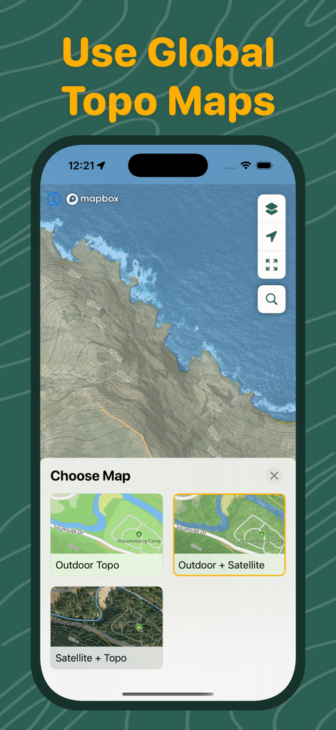 Loop Maps My Run Route Planner - Interface of Loop Maps showing global topographic map options for outdoor route planning