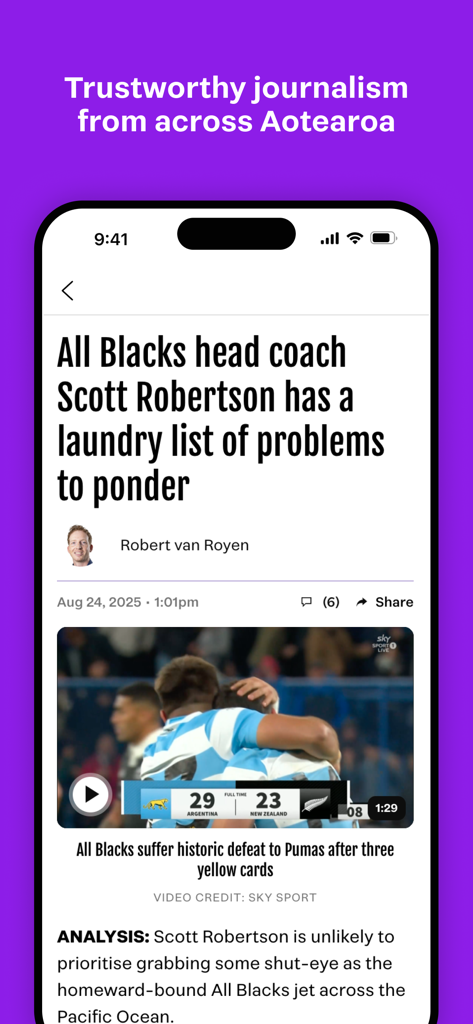 Stuff.co.nz - Un artículo de noticias sobre el equipo de rugby de los All Blacks en la app Stuff.