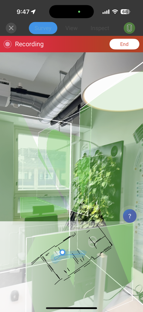 Ekahau Survey app interface showing an augmented reality view with a 3D floor plan overlay and signal heatmaps during a Wi-Fi site survey