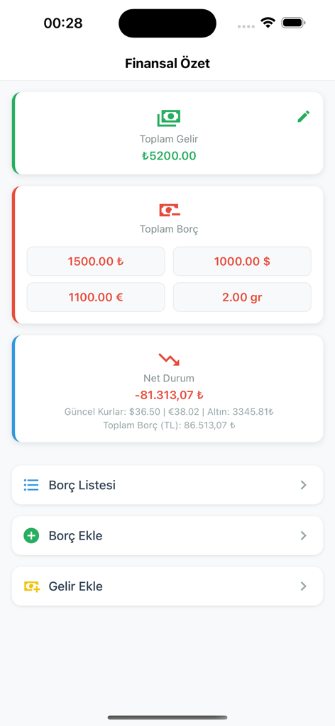 Borç Takipアプリの財務概要画面。総収入、USDやEURなどの複数通貨での負債、および金の追跡が表示されます。