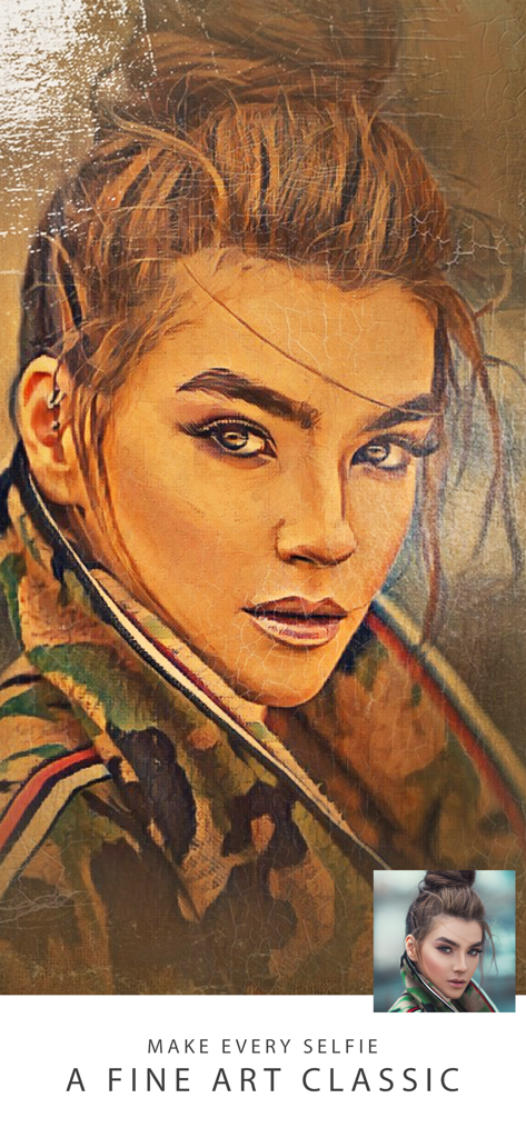 AIportraits - AI Photo Editor - A selfie de uma mulher transformada em uma pintura a óleo clássica com textura craquelada usando AIportraits.