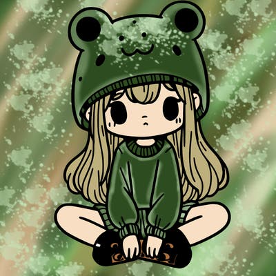 a girl wearing a frog hat and some frog socks