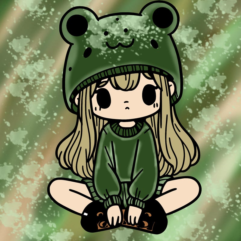a girl wearing a frog hat and some frog socks