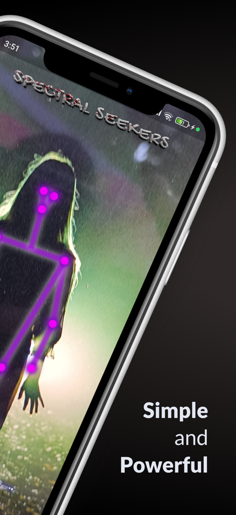 Spirit Box: Ghost SLS - Pantalla de smartphone que muestra la interfaz de la aplicación Spirit Box con seguimiento de esqueleto morado sobre una silueta espectral