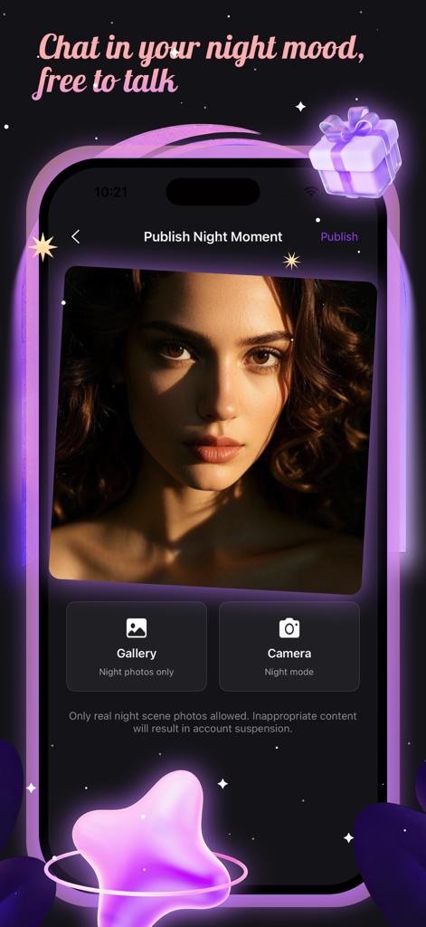Midn: Night Chat - Uma interface móvel para o aplicativo Midn mostrando a tela Publicar Momento Noturno com opções para carregar fotos da galeria ou tirar uma nova foto em modo noturno.