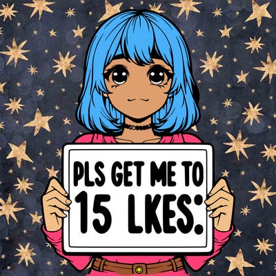 realistic girl holding up a sign that says “pls get me to 15 likes!”