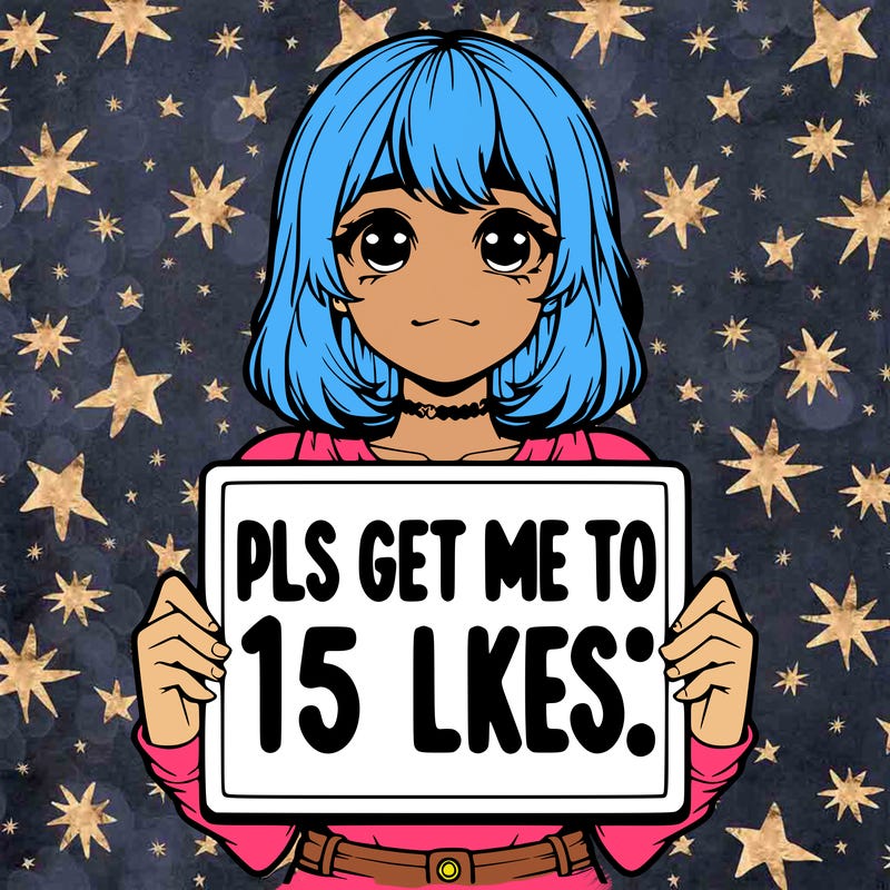 realistic girl holding up a sign that says “pls get me to 15 likes!”