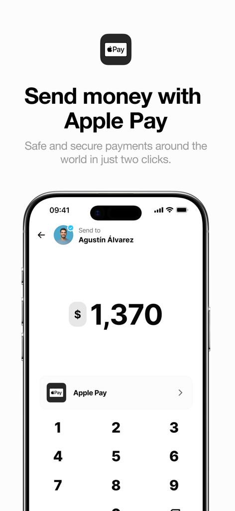 Captura de pantalla de la aplicación Sling Money mostrando una pantalla de transferencia de dinero internacional usando Apple Pay