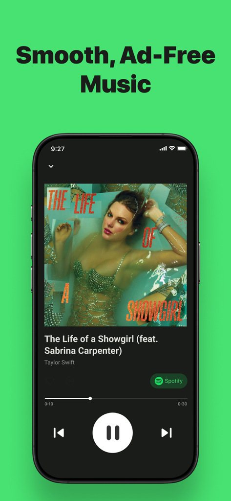 Music Stats for Spotify Song - Un smartphone mostrando la interfaz del reproductor de música sin anuncios de la aplicación Music Stats for Spotify Song con una canción de Taylor Swift sonando