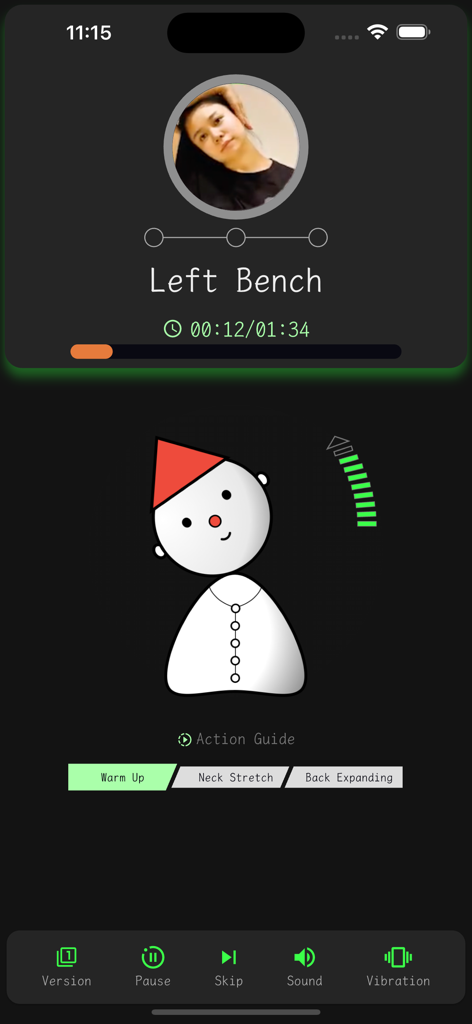 NeckFoo app interface showing a user performing a Left Bench neck stretch exercise with AI camera tracking and a gamified cartoon character guide.