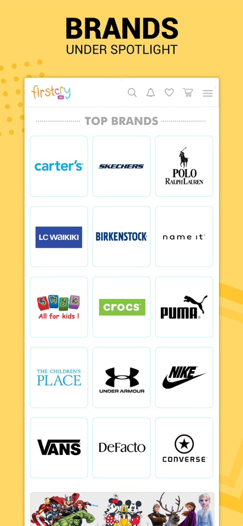 FirstCry Arabia app interface showing top international brands for baby and kids