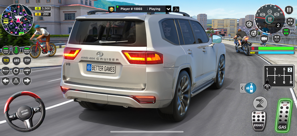 Gameplay screenshot of a white SUV driving on a city road with realistic game controls in Car Driving Simulator Games.