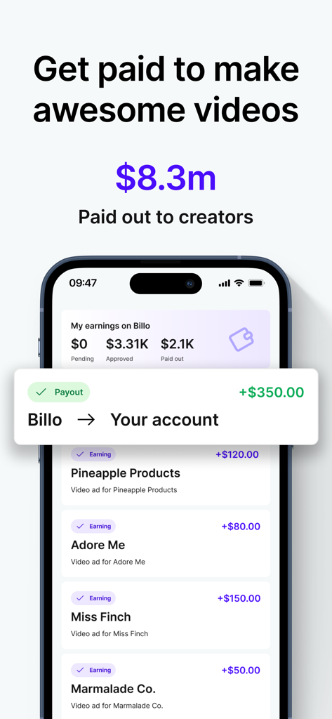 Panel de la app Billo Creator mostrando las ganancias de las marcas y una notificación de pago a una cuenta de usuario