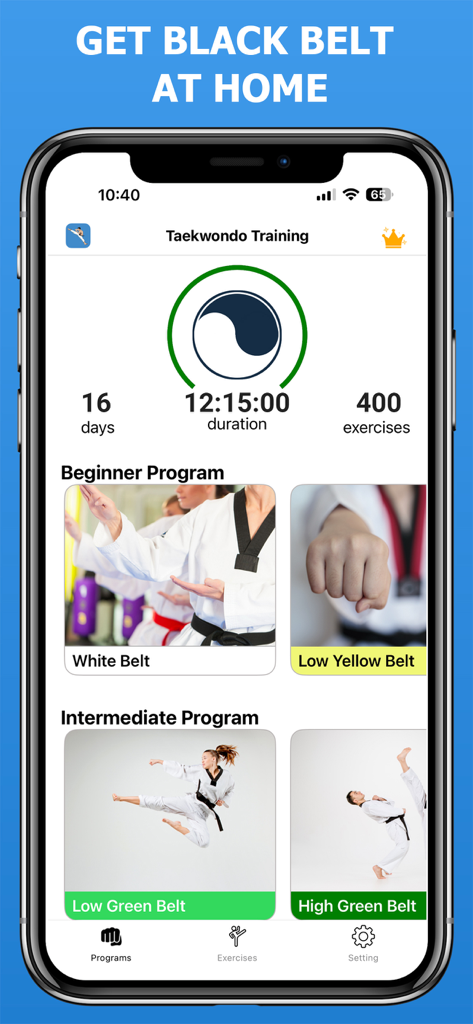 Taekwondo training app screen showing beginner and intermediate belt programs and progress stats
