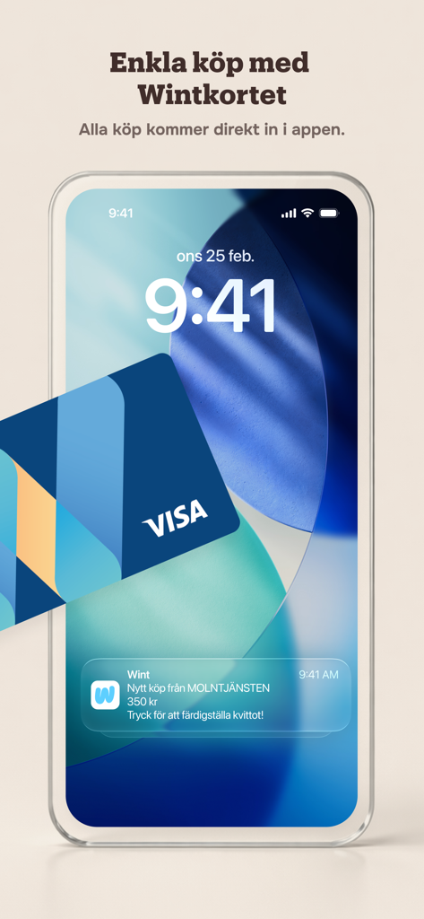 Wint - Un écran de smartphone montrant une notification d'achat Wint à côté d'une carte business Visa Wint