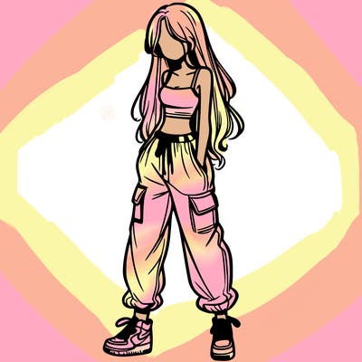 girl in baggy pants crop top and long hair