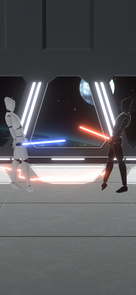 Draw Saber - Two humanoid figures engaging in a saber duel with blue and orange energy swords inside a spacecraft with a view of a planet