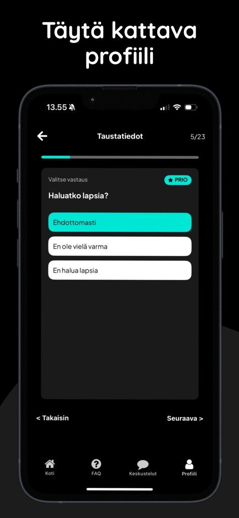 Swoony Matchmaking - A profile setup screen on the Swoony app showing a detailed questionnaire about life goals and values.
