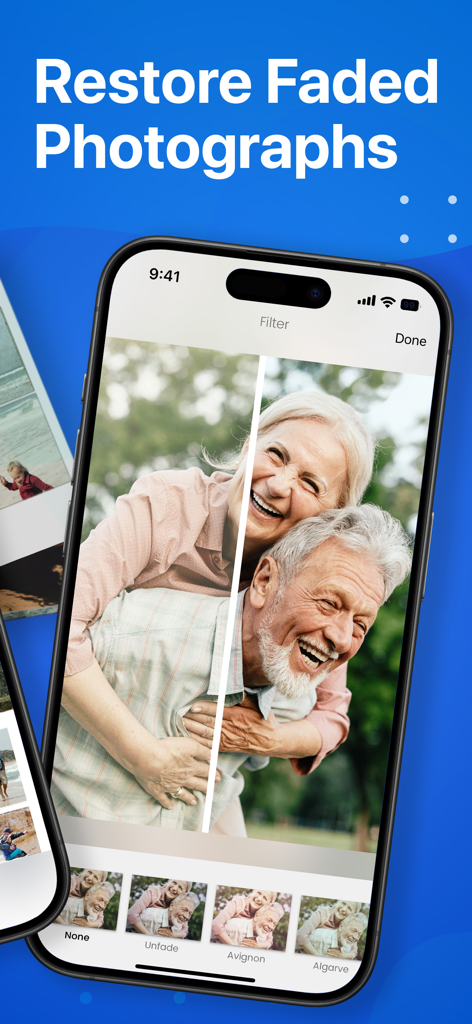 Photo Scanner Pro: Scan Albums - A mobile phone screen showing a side by side before and after comparison of a faded photo of an elderly couple being restored using color filters