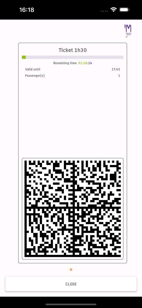 M'Ticket - Ticket mobile TaM - A validated mobile transport ticket on a smartphone showing a QR code and remaining time for the TaM network in Montpellier.