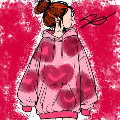 realistic girl with a oversized sweatshirt on and a bun