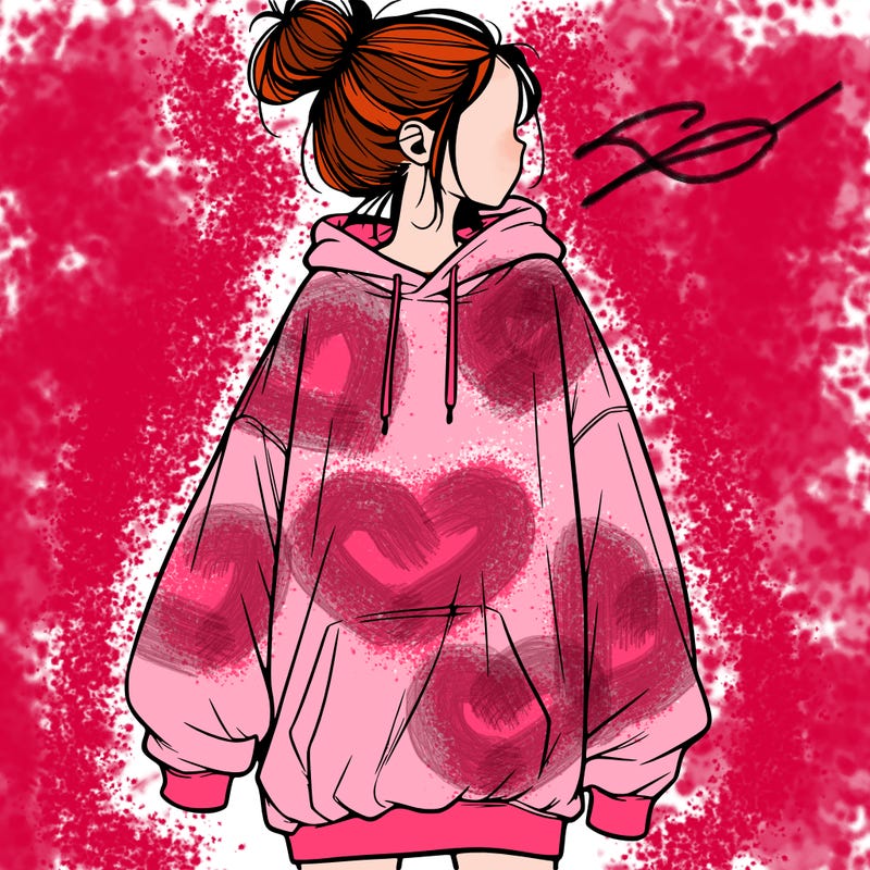 realistic girl with a oversized sweatshirt on and a bun