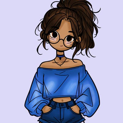 girl with a messy ponytail glasses a baggy crop top and jean shorts