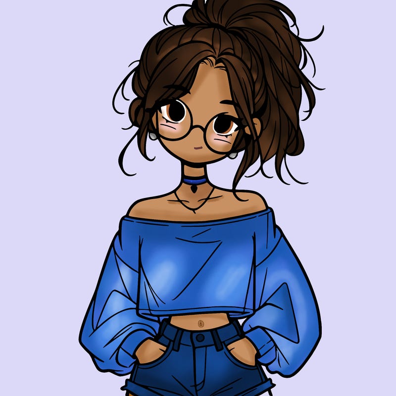 girl with a messy ponytail glasses a baggy crop top and jean shorts