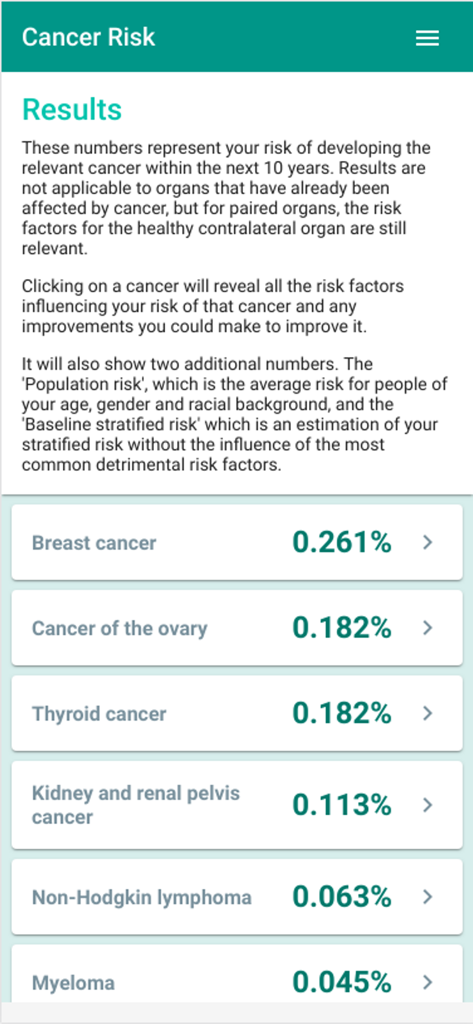 Detailed cancer risk assessment results showing percentage probabilities for various cancer types.