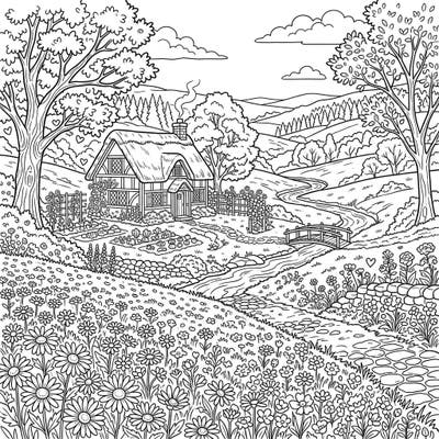 Immerse yourself in the tranquility of this Cottagecore daisy field coloring page, featuring a picturesque thatched-roof cottage surrounded by blooming flowers and lush landscapes. It's the perfect way to unwind and bring a touch of rustic charm to life with your favorite colors.