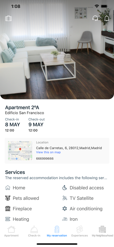Staymyway mobile app interface displaying reservation details for a modern apartment rental
