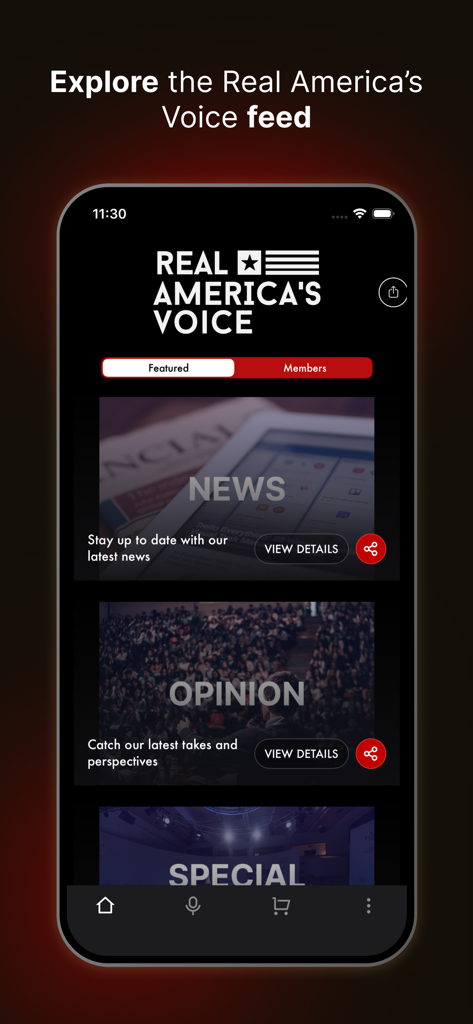 Screenshot des Newsfeeds der Real America's Voice News-App mit Nachrichten- und Meinungsbereichen