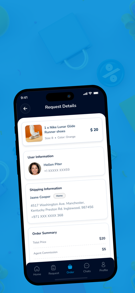 SILVER CHARIOT AGENT - The Silver Chariot Agent app displaying shopping request details for Nike shoes including shipping information and agent commission