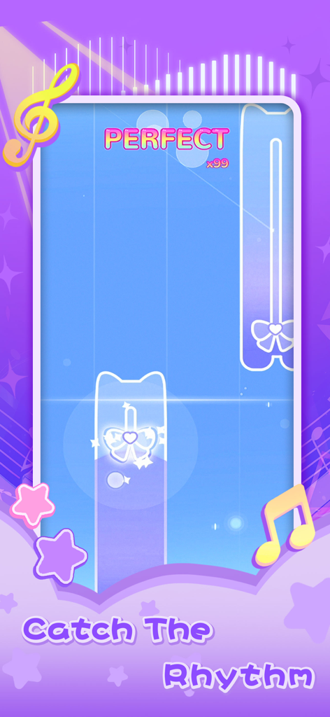 Dream Notes - Cute Music Game - Gameplay screenshot of Dream Notes music game featuring a purple pastel theme with musical tiles and the text Catch The Rhythm