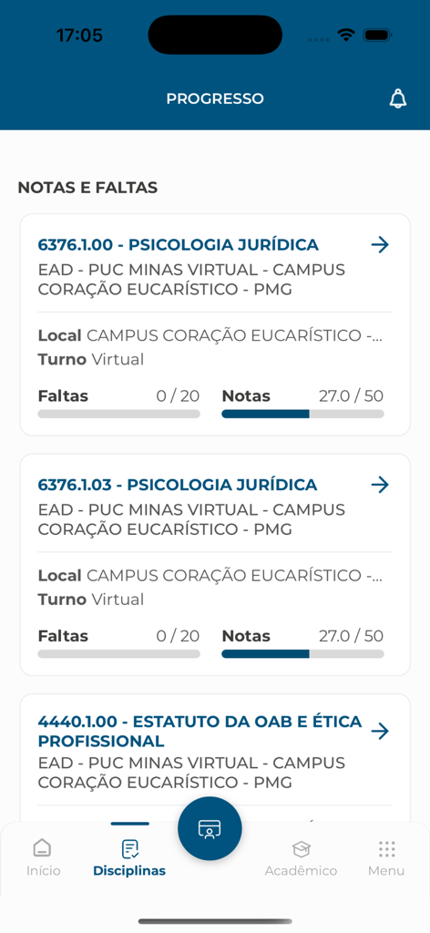 Interfaz de la aplicación PUC Minas Móvil que muestra las calificaciones y ausencias de los estudiantes en materias académicas