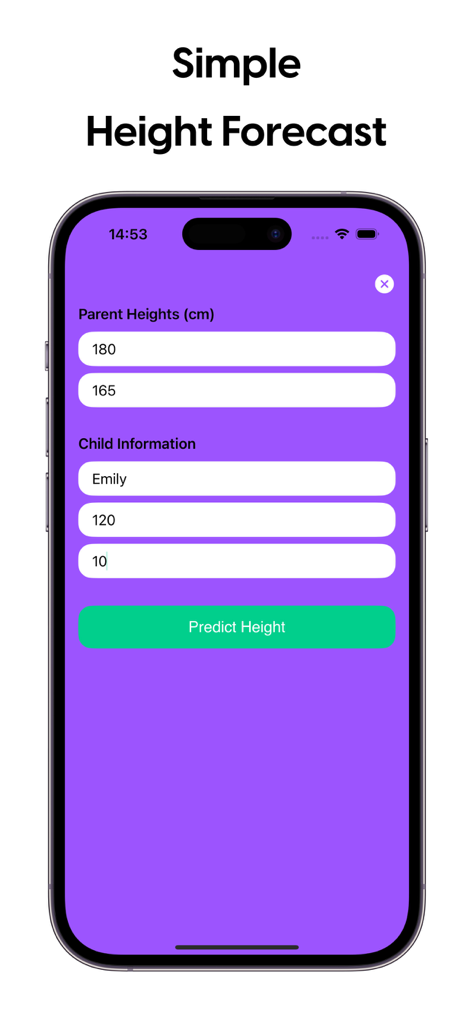 Height Predictor App screen showing data input fields for parent heights and child information with a predict height button