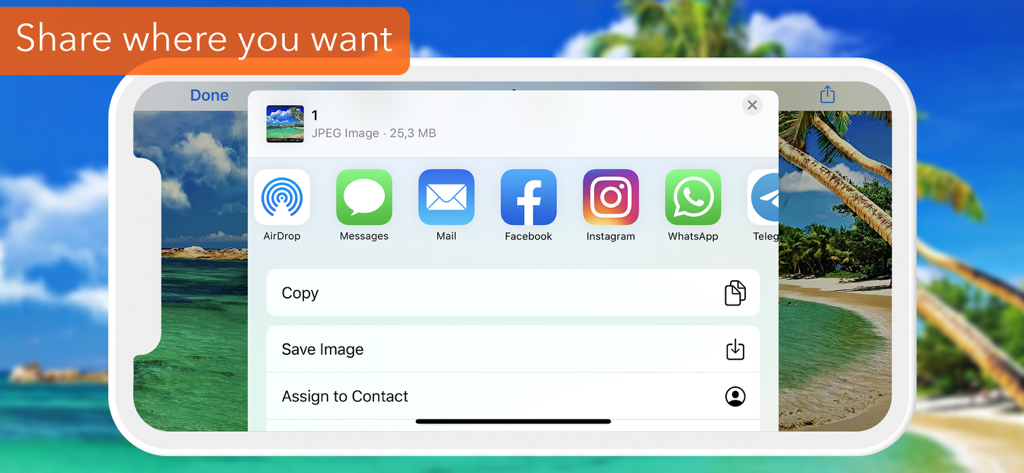 Self Timer - Multi shot photo - Interface de l'application retardateur affichant les options de partage de photos sur les réseaux sociaux et par message