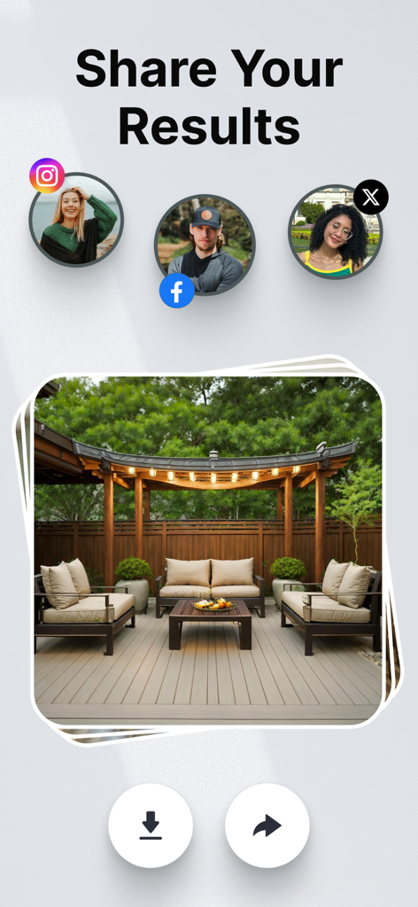 AI Home Design app interface showing a shareable outdoor patio renovation result with social media icons and download buttons.