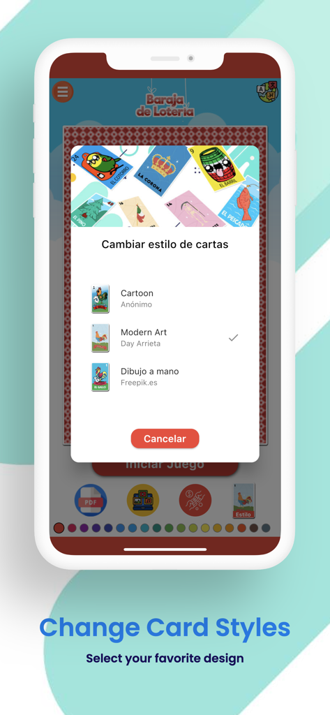 Baraja de Lotería Mexicana - Screen showing options to change card styles in the Baraja de Lotería Mexicana app