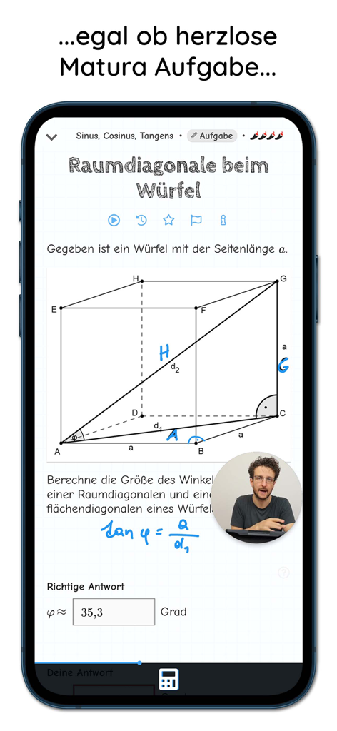 Miranda - Mathe-Nachhilfe - Interface do aplicativo de reforço de matemática Miranda mostrando uma aula de geometria sobre diagonais de cubo com uma sobreposição de vídeo do tutor