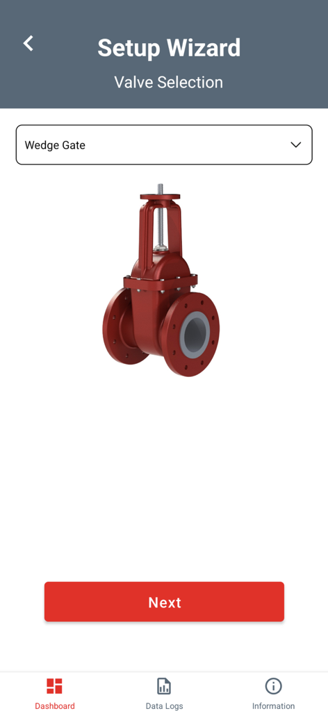 Rotork IQ3 Pro Actuator App - Pantalla del Asistente de Configuración en la aplicación Rotork IQ3 Pro Actuator para seleccionar una válvula de compuerta en cuña