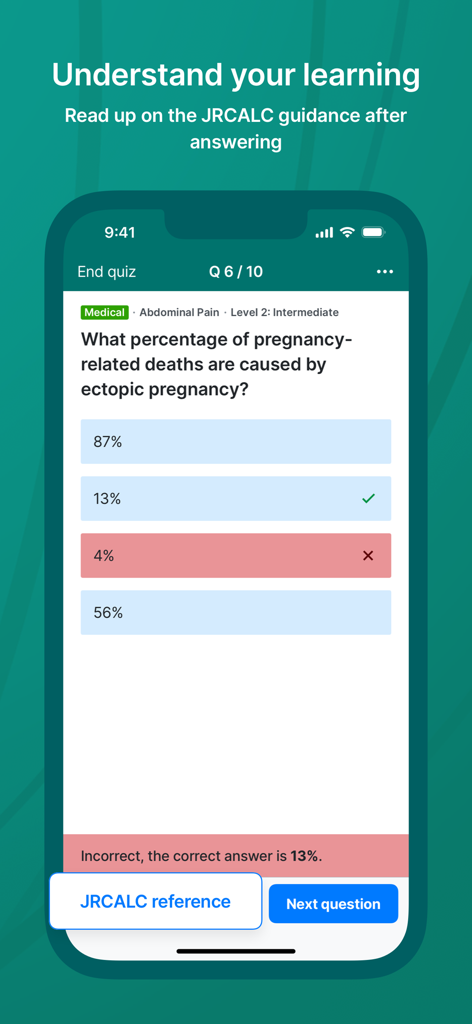 A multiple choice quiz screen in the ParaPass app showing a medical question about ectopic pregnancy with feedback and a JRCALC reference button.