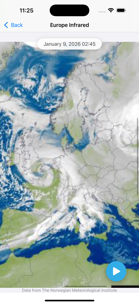 Infrared satellite map of Europe showing real-time cloud patterns in the Weather Radar Norway app