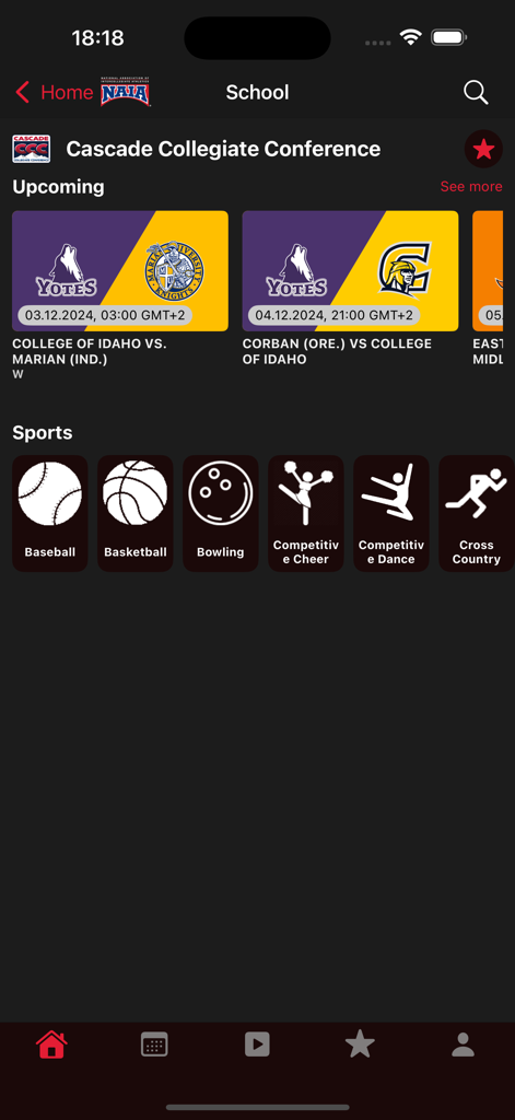 NAIA-Network - Interface of the NAIA-Network app displaying upcoming games for the Cascade Collegiate Conference and a menu of sports categories including baseball and basketball