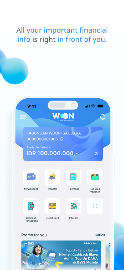 BWS Mobile - BWS Mobile banking app dashboard showing account balance, transfer options, and financial services on an iPhone screen.
