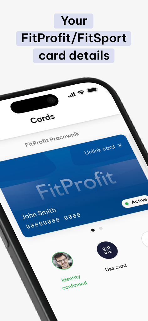 VanityStyle Next - Smartphone screen showing a digital FitProfit sports card in the VanityStyle Next app with identity confirmation and a QR code access button