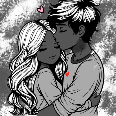 a realistic couple boy and girl hugging and kissing