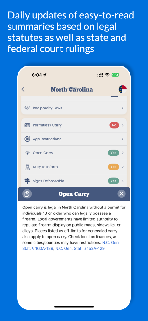 CCWCalc app interface showing a summary of gun laws and open carry rules for North Carolina