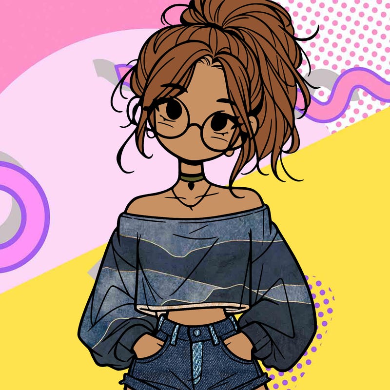 girl with a messy ponytail glasses a baggy crop top and jean shorts
