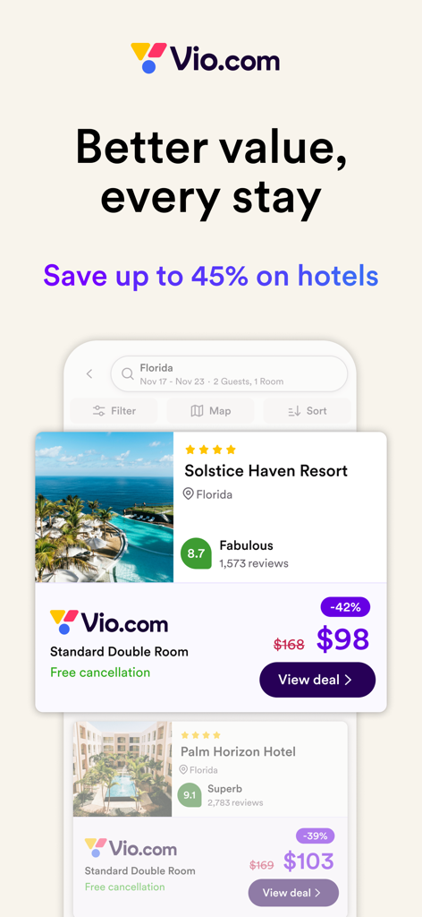 Vio.com: Hotels & travel deals - App Vio.com che mostra tariffe scontate per camere d'albergo e risultati di ricerca per la Florida